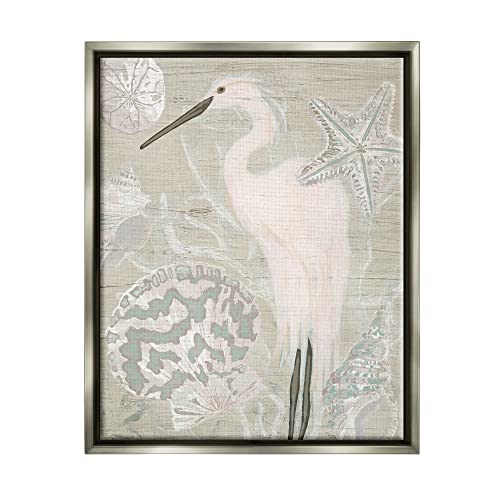 Rustic Seashells Egret Bird Grainy Pattern Sign Gray Floating Frame