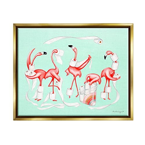 Silly Flamingos Toilet Paper Rolls Bathroom Illustration Gold Floating Frame