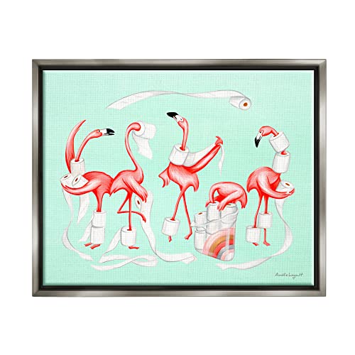 Silly Flamingos Toilet Paper Rolls Bathroom Illustration Gray Floating Frame