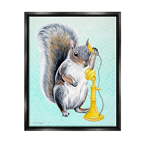 Squirrel Talking Yellow Candlestick Telephone Patterned Shapes Black Floating Frame