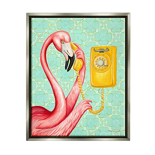 Flamingo Using Retro Telephone Patterned Flower Motif Gray Floating Frame