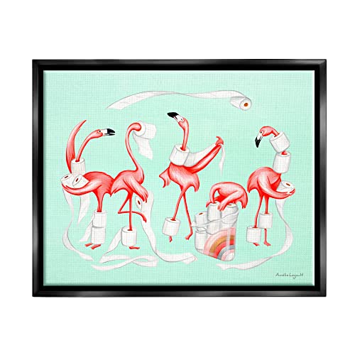 Silly Flamingos Toilet Paper Rolls Bathroom Illustration Black Floating Frame