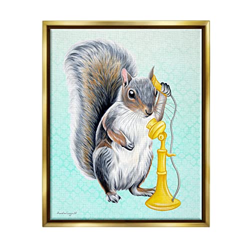 Squirrel Talking Yellow Candlestick Telephone Patterned Shapes Gold Floating Frame