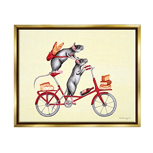 Mice On Bicycle Carrying Picnic Lunch Bread Cheese Gold Floating Frame