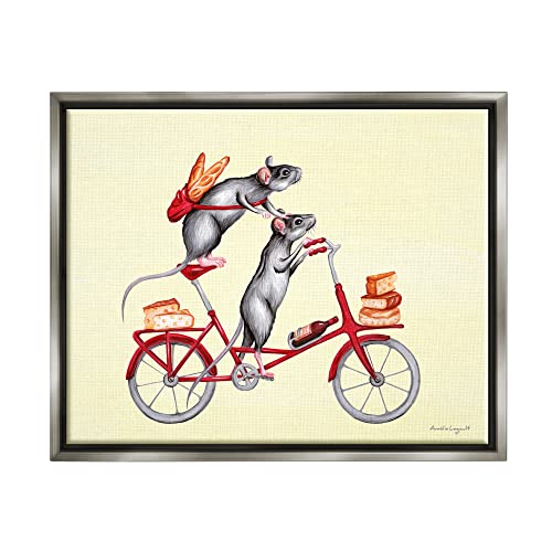 Mice On Bicycle Carrying Picnic Lunch Bread Cheese Gray Floating Frame