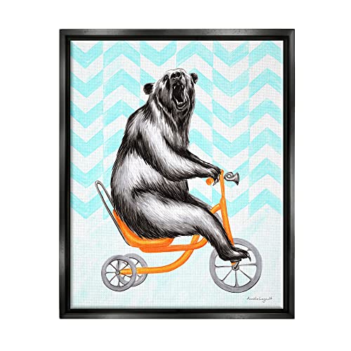 Roaring Bear Riding Tricycle Whimsical Chevron Pattern Black Floating Frame