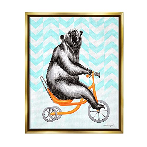 Roaring Bear Riding Tricycle Whimsical Chevron Pattern Gold Floating Frame