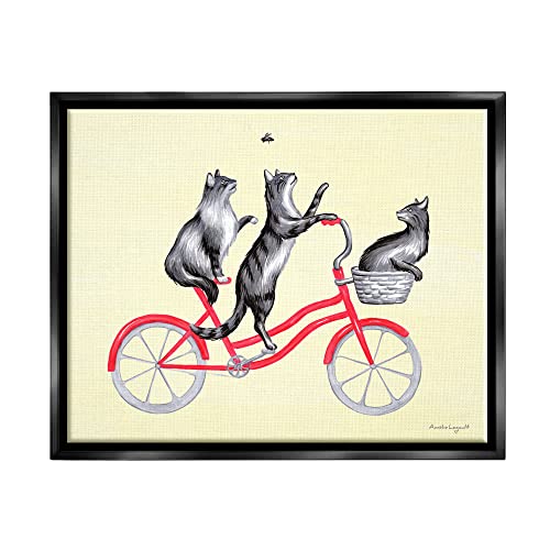 Playful Cats Riding Red Bicycle Buzzing Bee Black Floating Frame