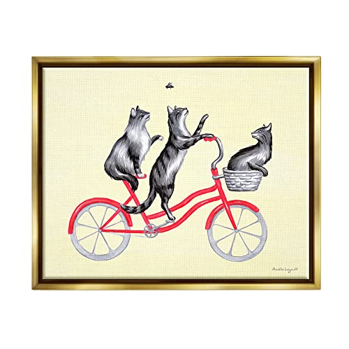 Playful Cats Riding Red Bicycle Buzzing Bee Gold Floating Frame