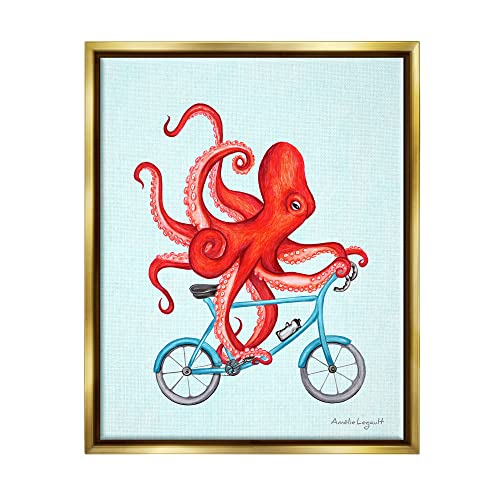 Red Octopus Tentacles Riding Blue Bike Bicycle Gold Floating Frame