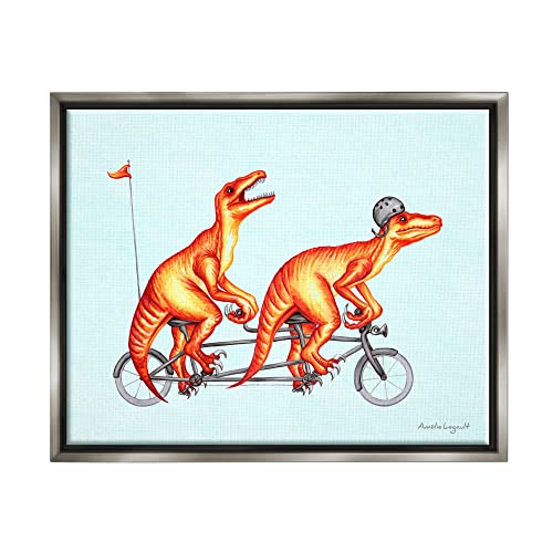 Whimsical Red T-Rex Dinosaurs Riding Tandem Bicycle Gray Floating Frame