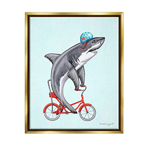 Great White Shark On Red Bicycle Blue Helmet Gold Floating Frame