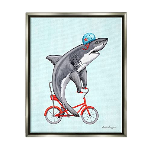 Great White Shark On Red Bicycle Blue Helmet Gray Floating Frame