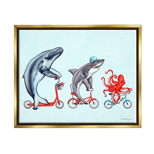 Aquatic Sea Life Animals Riding Bikes Red Accent Gold Floating Frame