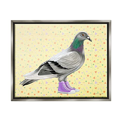 Pigeon In Purple Sneakers Retro Patterned Background Gray Floating Frame