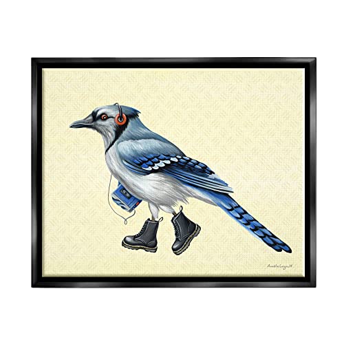 Blue Jay Bird Combat Boots Retro Tape Cassette Black Floating Frame