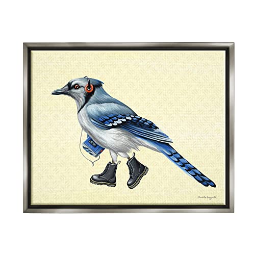 Blue Jay Bird Combat Boots Retro Tape Cassette Gray Floating Frame