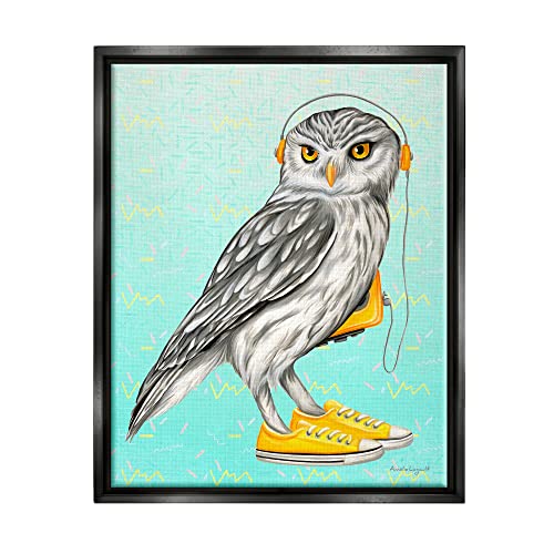 Owl Wearing Yellow Sneakers Headphones Retro Pattern Black Floating Frame