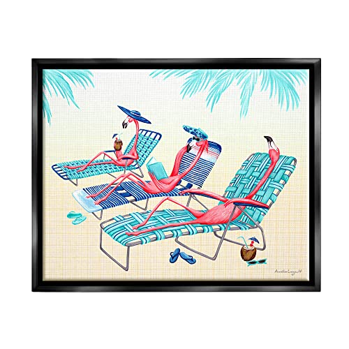 Pink Flamingos Lounging Beach Chairs Tropical Scene Black Floating Frame