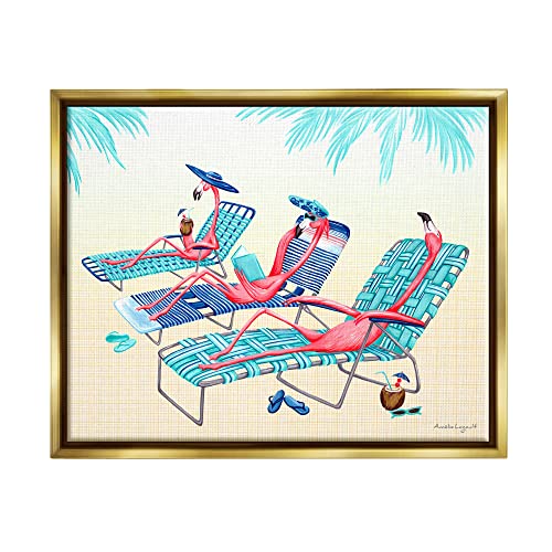 Pink Flamingos Lounging Beach Chairs Tropical Scene Gold Floating Frame