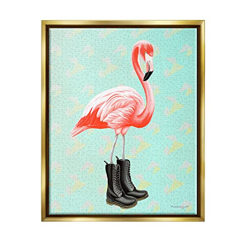 Stylish Pink Flamingo Black Boots Geometric Pattern Gold Floating Frame