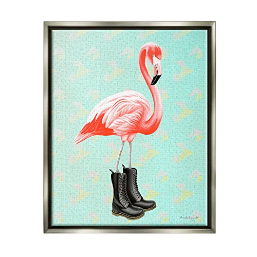 Stylish Pink Flamingo Black Boots Geometric Pattern Gray Floating Frame