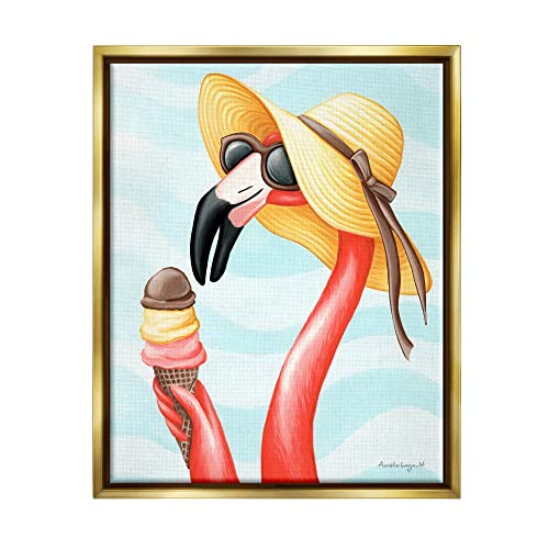 Summertime Flamingo Sun Hat Enjoying Ice Cream Cone Gold Floating Frame