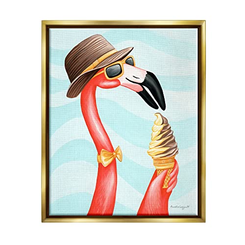 Dapper Flamingo Summertime Ice Cream Cone Snack Gold Floating Frame