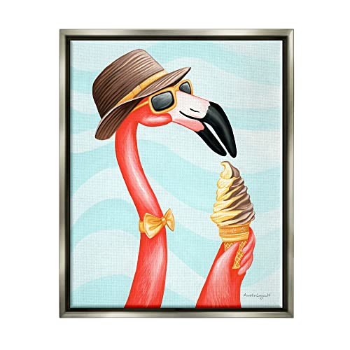 Dapper Flamingo Summertime Ice Cream Cone Snack Gray Floating Frame