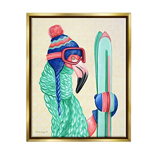 Flamingo Bird Wearing Skiing Winter Sports Clothes Gold Floating Frame