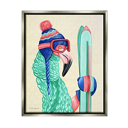 Flamingo Bird Wearing Skiing Winter Sports Clothes Gray Floating Frame