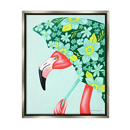 Summery Pink Flamingo Floral Petal Patterned Umbrella Gray Floating Frame