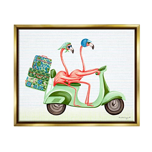 Flamingo Couple Riding Motor Scooter Packed Luggage Gold Floating Frame