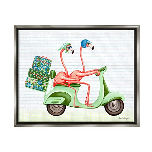 Flamingo Couple Riding Motor Scooter Packed Luggage Gray Floating Frame