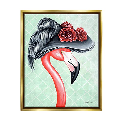 Classy Flamingo Vintage Black Floral Hat Green Pattern Gold Floating Frame