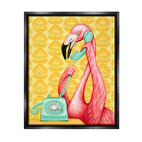 Flamingo Calling Dial Telephone Groovy Flowers Wallpaper Black Floating Frame