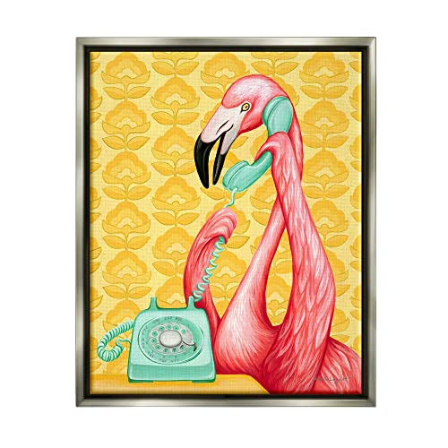 Flamingo Calling Dial Telephone Groovy Flowers Wallpaper Gray Floating Frame