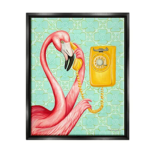 Flamingo Using Retro Telephone Patterned Flower Motif Black Floating Frame