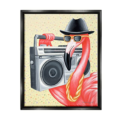 Funky Retro Flamingo Boombox Music Geometric Pattern Black Floating Frame