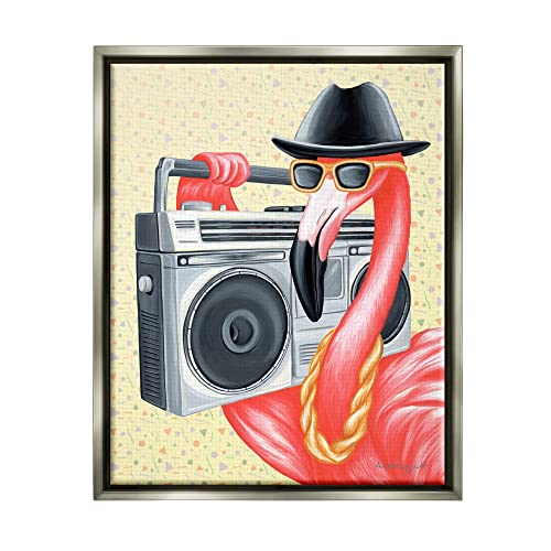 Funky Retro Flamingo Boombox Music Geometric Pattern Gray Floating Frame