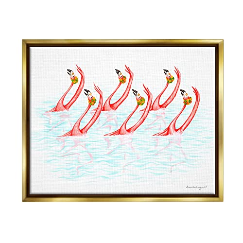 Six Flamingoes Birds Synchronized Swimming Floral Caps Gold Floating Frame