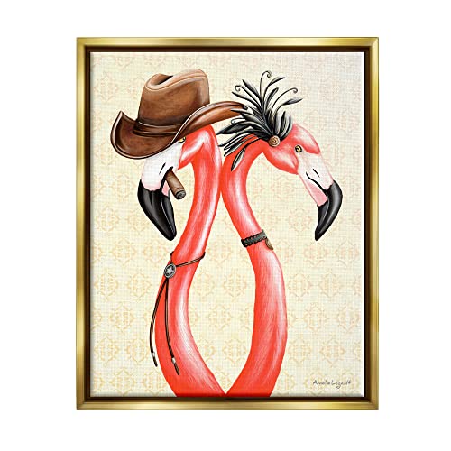 Vintage Flamingos Cowboy Hat Antique Fashion Outfit Gold Floating Frame