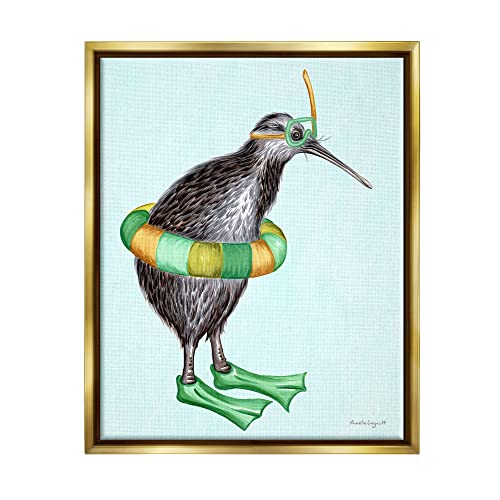 Kiwi Bird Swimming Tube Flippers Summertime Illustration Gold Floating Frame