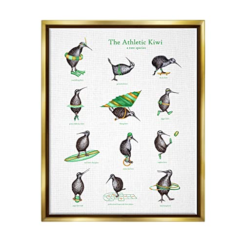 Athletic Kiwi Various Exercises Bird Drawings Chart Gold Floating Frame