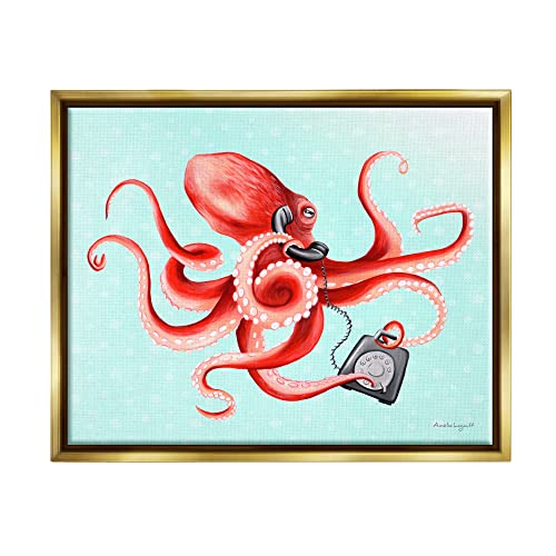 Red Ombre Octopus Tentacles Retro Rotary Phone Gold Floating Frame