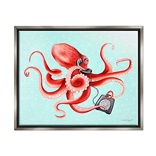 Red Ombre Octopus Tentacles Retro Rotary Phone Gray Floating Frame