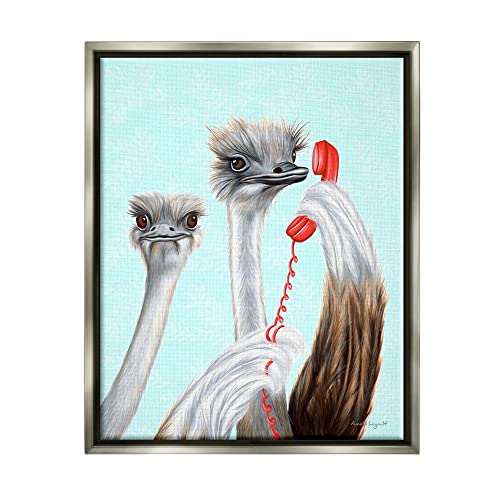 Detailed Ostrich Birds Talking Red Cord Telephone Gray Floating Frame