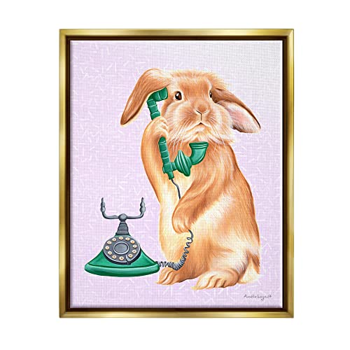 Fluffy Bunny Rabbit Talking Green Rotary Phone Gold Floating Frame