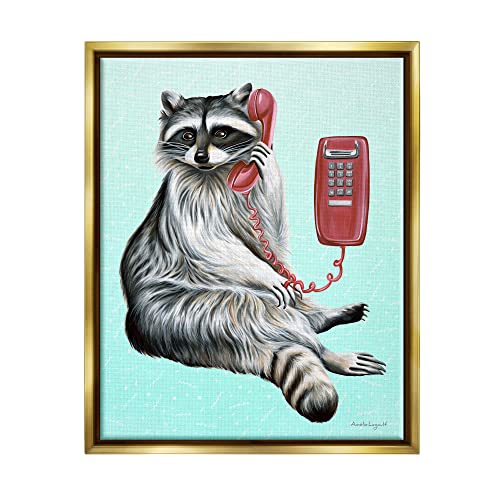 Raccoon Lounging Cord Phone Vivid Turquoise Background Gold Floating Frame