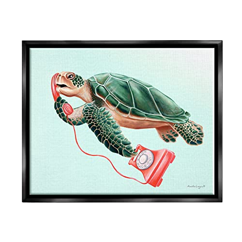 Green Sea Turtle Swimming Red Rotary Telephone Black Floating Frame